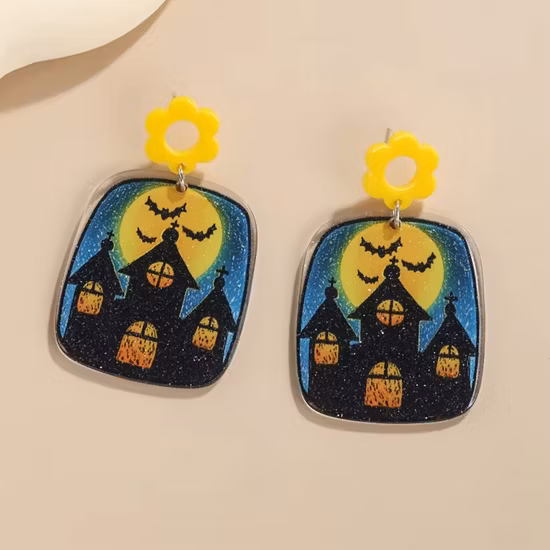 Beautichen Cheap Plastic Glitter Halloween Colorful Smiley Pumpkins Spoof Acrylic Pendant Earrings