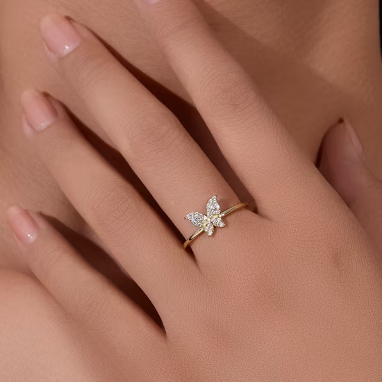 Fashion Gold Plated Cubic Zircon Butterfly Ring Women Girls 925 Sterling Silver Jewelry Custom Logo Butterfly Cocktail Ring